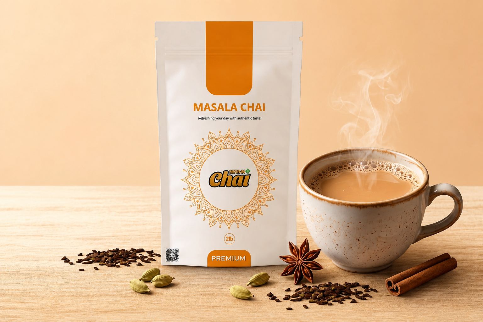 Instant masala chai powder 2lb bag next to a hot cup of creamy spiced tea.