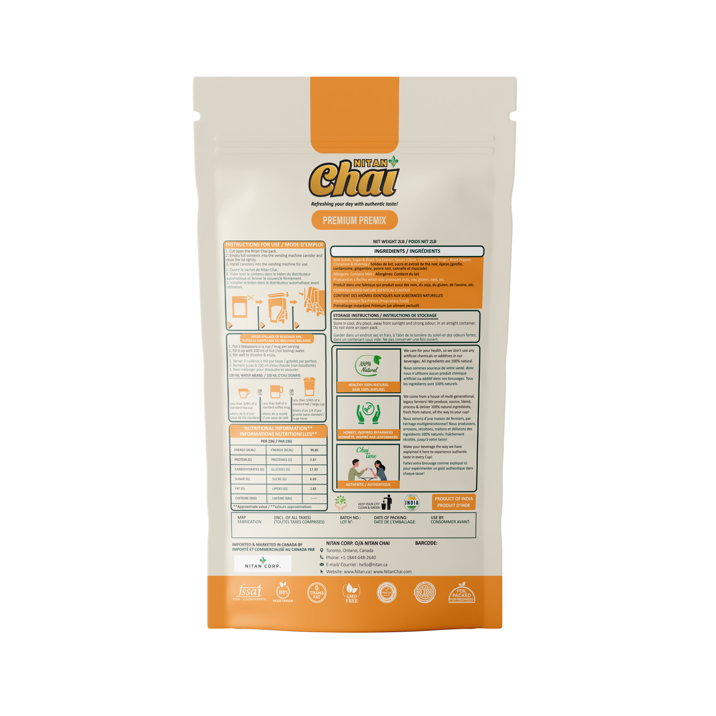 Back of instant masala chai powder bag showing ingredients, nutrition facts, and directions.