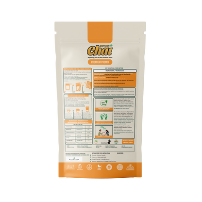 Back of instant masala chai powder bag showing ingredients, nutrition facts, and directions.
